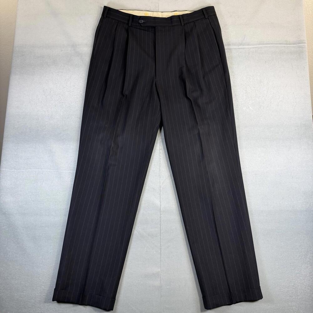 VTG Brooks Brothers Brooksease Pleated Pinstripe Dress Pants Mens 38L Navy Wool
